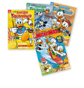 Cover des Lustiges Taschenbuchs 548 Höher, schneller, weiter! und des Micky Maus Magazins Nummer 16/21